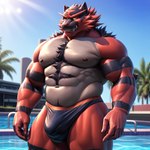 absurd_res anthro body_hair bulge chest_hair clothing generation_7_pokemon hi_res incineroar male nipples outside pecs pokemon_(species) pool pup_tobey solo speedo swimwear water