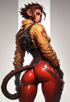 anthro athletic bodysuit breasts brown_body brown_fur bubble_butt butt clock clothing fangs female fur hair jacket looking_at_viewer looking_back looking_back_at_viewer messy_hair monkey_tail red_eyes science_fiction short_hair side_boob simple_background skinsuit slim solo tail_through_clothing thigh_gap tight_clothing topwear watch wristwatch yellow_jacket redactedpaws haplorhine mammal monkey primate hi_res