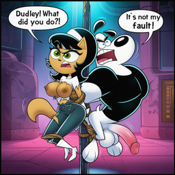 accessory angry anthro areola arms_tied balls bdsm big_balls big_breasts big_penis black_border black_clothing black_hair black_shirt black_topwear blue_clothing blue_eyes bondage boots border bottomless bottomless_anthro bottomless_male bottomwear bound breasts brown_nipples clothed clothing denim denim_bottomwear denim_clothing dialogue duo erection exposed_breasts feet female female_anthro footwear fur genitals glans gloves green_clothing green_eyes hair hair_accessory hairband handwear humanoid_genitalia humanoid_penis jeans legs_tied male male/female male_anthro monotone_genitals muscular nipples open_mouth pants partially_clothed penis pink_genitals pink_penis restraints rope rope_bondage shirt shoes speech_bubble t-shirt tail tan_body teeth text tongue topwear torn_bottomwear torn_clothing torn_pants torn_topwear white_balls white_body white_clothing white_fur white_genitals white_penis white_topwear gridanon nickelodeon t.u.f.f._puppy dudley_puppy kitty_katswell canid canine canis domestic_cat domestic_dog felid feline felis mammal english_text hi_res novelai