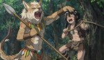 anthro black_hair black_nose blue_eyes bodily_fluids bottomwear bracelet clothing duo forest forest_background fur hair jewelry loincloth male male/male melee_weapon nature nature_background open_mouth plant polearm rope saren_(nekomatasaren) solo spear tears tree tribal weapon white_body white_fur nekomatasaren felid feline human hybrid lynx mammal invalid_tag hi_res