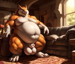 2024 animal_genitalia anthro balls belly big_balls big_belly chest_tuft claws detailed_background flower fully_sheathed fur furniture genitals hi_res inside light looking_at_viewer male moobs musclegut muscular muscular_anthro muscular_male navel nude obese obese_anthro obese_male orange_body orange_eyes orange_fur overweight overweight_anthro overweight_male pillow plant saphirix sergal sheath sitting smile sofa solo sunlight tree tuft white_body white_fur