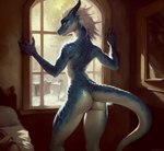 anthro blue_body blue_scales butt featureless_chest female hair hi_res horn inside looking_at_viewer looking_back looking_back_at_viewer multicolored_body nude rear_view scales scalie snow solo squamous standing two_tone_body white_hair window