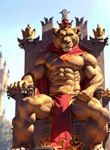 abs absurd_res anthro areola bottomwear bulge bumblebee95 chair clothing crown detailed detailed_background detailed_fur felid furniture hi_res lion loincloth looking_at_viewer male mammal muscular nipples pantherine pecs pubes realistic royalty scarf sitting solo spread_legs spreading throne vein