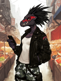 anthro black_body black_clothing black_jacket black_scales black_topwear bottomwear breasts building camo camo_bottomwear camo_clothing camo_pants camo_print cargo_pants cellphone city city_background clothed clothing detailed_background electronics fangs feathers female food holding_object jacket leather leather_clothing leather_jacket leather_topwear looking_at_object looking_at_phone market non-mammal_breasts outside pants pattern_bottomwear pattern_clothing pattern_pants phone pockets pseudo_hair scales scar scars_all_over shirt solo standing teeth topwear anotheranon halo_(series) alien kig-yar reptile scalie absurd_res hi_res