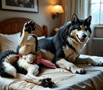 anus balls bedroom bodily_fluids cum feral genital_fluids genitals knot male muscular pawpads paws penis presenting solo spread_legs spreading aeon canid canine canis domestic_dog husky mammal nordic_sled_dog spitz