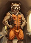 anthro black_nose brown_body brown_fur bulge chest_tuft claws clothing fur hands_on_hips inside jumpsuit looking_at_viewer male multicolored_body multicolored_fur muscular muscular_male open_mouth red_eyes smile smirk solo spacecraft_interior standing tuft whiskers zipper aiaicaptain rocket_raccoon mammal procyonid raccoon hi_res