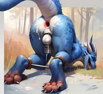 absurd_res anthro anus bdsm bent_over blue_body blue_scales bodily_fluids bondage bound chastity_cage chastity_device clawsome cum cum_drip cum_in_ass cum_inside cum_on_ass cum_on_ground dragon dripping foot_fetish gaping gaping_anus genital_fluids hi_res leaking_precum male on_ground outside precum raised_tail restraints scales scalie solo spreader_bar