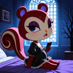 anthro bed big_tail black_clothing black_dress blue_eyes cellphone chibi clothing darkness dress eyeshadow female frilly frilly_clothing furniture goth gothic holding_object holding_phone looking_at_viewer makeup on_bed open_mouth phone purple_eyeshadow sigh sitting sitting_on_bed slightly_chubby solo mirakelpung animal_crossing nintendo pecan_(animal_crossing) mammal rodent sciurid tree_squirrel