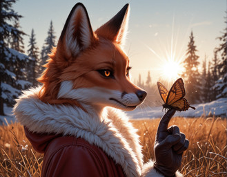 5_fingers amber_eyes anthro black_clothing black_gloves black_handwear black_sclera butterfly_on_finger clothing coat fangs female fingers fur-trimmed_clothes gloves grass handwear light light_beam nose outside plant red_clothing red_coat red_topwear sky snow solo sun sunbeam sunlight teeth topwear tree whiskers anonymous_director alice_the_vixen ambient_arthropod ambient_butterfly ambient_insect canid canine fox mammal red_fox detailed hi_res portrait