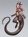 anklet bottomwear bracelet claws clothed clothing digitigrade female flying gold_(metal) gold_jewelry grey_body grey_scales hair horn jewelry loincloth long_ears midriff pink_hair scales solo toe_claws meara animal_humanoid dragon dragon_humanoid humanoid hi_res