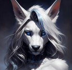 anthro auykac blue_eyes blue_highlights bodily_fluids canid collar crying female fur hair hi_res highlights_(coloring) mammal sad solo tears white_body white_fur white_hair