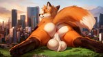 anthro anus anus_focus ball_tuft balls big_balls building canid canine city crotch_tuft dipstick_tail fox fox_tail genitals hi_res landscape_dwarfing macro male mammal markings saggy_balls solo sunset swix tail_markings tuft white_balls yellow_eyes