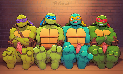 2_toes anthro biped blue_eyes brown_eyes crossed_arms elbow_pads erection feet foot_focus freckles genitals glans green_body green_eyes group humanoid_genitalia humanoid_penis looking_at_viewer male male_anthro mask muscular muscular_anthro muscular_male on_ground penis sitting smile soles telegram telegram_logo text toes sergalbutt teenage_mutant_ninja_turtles donatello_(tmnt) leonardo_(tmnt) michelangelo_(tmnt) raphael_(tmnt) reptile scalie turtle 5:3 director_name signature url brother_(lore) brothers_(lore) sibling_(lore)