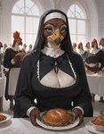 ambiguous_fluids anthro apron beak big_breasts black_clothing black_dress bonnet bow_ribbon breasts brown_body brown_eyes claws cleavage cleavage_cutout clothed clothing dress female food fur group headgear headwear holding_object inside long_sleeves looking_at_viewer multicolored_body multicolored_fur nun plate solo_focus standing thanksgiving two_tone_body two_tone_fur upscale redstallion_(director) avian bird galliform phasianid turkey hi_res