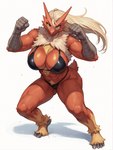 anthro big_breasts bikini blonde_hair breasts chest_tuft clothing female fighting_pose fist glistening glistening_breasts hair leaning leaning_forward looking_at_viewer muscular muscular_female pose smile solo standing string_bikini swimwear tuft anonymous_director blaziken generation_3_pokemon pokemon_(species) hi_res