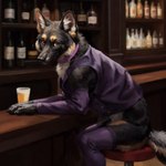 alcohol armwear bar beverage black_body black_fur brown_eyes canid canine canis clothed clothed_feral clothing collar countershading degenstoic domestic_dog female feral fur german_shepherd herding_dog hi_res inside legwear looking_at_viewer mammal pastoral_dog purple_clothing sitting solo stockings topwear vest