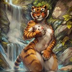 absurd_res anthro athletic breasts doggyai felid female forest fur hand_on_breast hand_on_crotch hi_res mammal master_tigress nipples nude pantherine plant shy solo thick_thighs tiger tree waterfall wet wet_body wet_fur