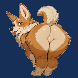 anthro bent_over big_butt blush butt featureless_crotch female fluffy fur_collar glistening glistening_butt grey_eyes looking_at_viewer looking_back looking_back_at_viewer multicolored_body outline presenting presenting_hindquarters pupils short short_stack smile solo tan_body tongue tongue_out two_tone_body white_body white_outline white_pupils burioth canid canine canis domestic_dog herding_dog mammal pastoral_dog welsh_corgi alpha_channel hi_res