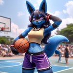 anthro athletic basketball basketball_court black_hair blue_body blue_fur bottomwear clothing female fur hair looking_at_viewer pokemon purple_bottomwear purple_clothing purple_eyes purple_shorts shirt shorts smile solo tank_top topwear omgechounknown canid generation_4_pokemon lucario mammal pokemon_(species)