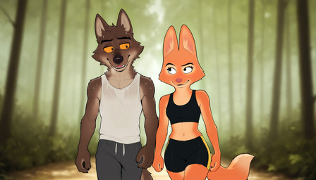 athletic athletic_female athletic_male black_bottomwear black_clothing bodily_fluids bottomwear bra breasts brown_body brown_fur clothed clothing duo female forest fur gym_bottomwear gym_clothing gym_shorts looking_at_another male male/female midriff nature nature_background open_mouth orange_body orange_fur outside pants plant romantic romantic_couple shirt shorts smile sports_bra sweat sweaty_body tail tank_top topwear tree underwear walking wet wet_clothing hank94_(director) the_bad_guys diane_foxington mr._wolf_(the_bad_guys) canid canine canis fox mammal wolf hi_res