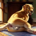 anus balls bedroom_eyes bird_dog breath canid canine canis domestic_dog feral genitals golden_retriever hi_res hunting_dog looking_at_viewer lying male mammal narrowed_eyes on_side painting panting paws presenting presenting_anus rear_view retriever rug seductive smauggers solo