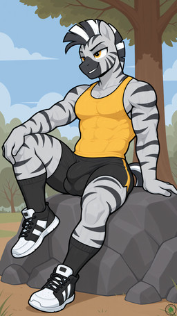 anthro balls black_body black_clothing black_fur bottomwear bulge clothing cloud fur genitals grey_body grey_fur gym_bottomwear gym_clothing gym_shorts male mane orange_eyes outside penis plant shorts sitting solo striped_body striped_fur stripes tree yellow_clothing lotsofcaps equid equine mammal zebra absurd_res hi_res watermark