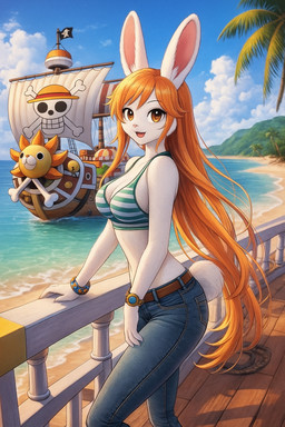 anthro beach belt bikini bikini_top boat bottomwear breasts clothing denim denim_clothing female fur hair jeans long_hair orange_eyes orange_hair outside pants plant sea seaside sky smile smiling_at_viewer solo swimwear tail tree vehicle very_long_hair water watercraft white_body white_fur one_piece nami_(one_piece) lagomorph leporid mammal rabbit hi_res