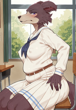 angry angry_expression anthro belt black_lips blush bottomwear breasts claws clothing day female frown hand_on_leg hand_on_thigh inside lips looking_at_viewer medium_breasts nipple_outline purple_eyes school_uniform scowl side_view sitting skirt slightly_chubby solo thick_thighs uniform beastars juno_(beastars) canid canine canis humanoid mammal wolf hi_res