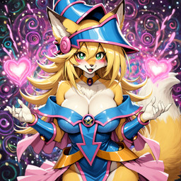 anthro big_breasts blonde_hair blue_clothing blush breasts cleavage clothed clothing female fur green_eyes hair hat headgear headwear heart_symbol jewelry long_hair looking_at_viewer markings orange_body smile solo tail white_body white_fur yellow_body yellow_fur gridanon yu-gi-oh! dark_magician_girl canid canine duel_monster fox mammal hi_res