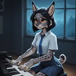 anthro bottomwear clothing ears_up female fur grey_body grey_fur hands keyboard_instrument musical_instrument necktie orange_eyes piano playing_music school_uniform sitting sitting_on_bench skirt solo uniform window anonymous_director felid feline lynx mammal hi_res