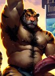 anthro armpit_hair big_muscles black_hair black_nipples blush bodily_fluids body_hair fur genitals hair happy_trail looking_at_viewer male musclegut muscular musk navel nipples orange_body orange_fur penis red_penis solo stripes sweat tesseract_(director) pec felid mammal pantherine tiger