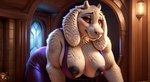 anthro bent_over big_breasts blush bovid bovid_horn breasts caprine caprine_horn clothing downblouse dress female fur goat horn mammal nipple_slip nipples purple_clothing purple_dress red_eyes solo toriel white_body white_fur