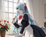 accessory anthro apron blue_eyes blue_hair breasts clothing female flower flower_in_hair fur hair hair_accessory long_hair maid_uniform medium_breasts plant smile solo solo_focus uniform magacitl felid mammal pantherine snow_leopard