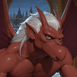anthro city city_background hair horn humanoid_pointy_ears looking_at_viewer male membrane_(anatomy) membranous_wings realistic red_body smile solo white_hair wings yellow_eyes atrociraptor_(director) gargoyles brooklyn_(gargoyles) gargoyle scalie absurd_res hi_res