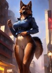 anthro bottomless breasts clothed clothing crop_top female front_view genitals looking_at_viewer low-angle_view navel police_uniform pussy shirt solo topwear uniform wolf552906 canid canine canis domestic_dog german_shepherd herding_dog mammal pastoral_dog