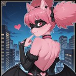 <3 accessory alternate_species anthro armwear backless_clothing bare_shoulders blue_nails border bow_ribbon bridal_gauntlets building choker clothing colored_nails costume detached_sleeves ear_piercing ear_ring fangs female finger_to_mouth fur furrification hair hair_accessory hair_bow hair_ribbon inner_ear_fluff jewelry kazuho_haneyama leotard looking_at_viewer looking_back mask nails necklace one_eye_closed piercing pink_body pink_eyes pink_fur pink_hair rear_view ribbons ring_piercing rooftop shoulder_blades solo tuft twintails_(hairstyle) whiskers wings cpt_d my_hero_academia domestic_cat felid feline felis mammal hi_res