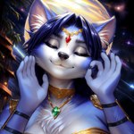 anthro armor bracers breasts canid canine chest_tuft choker cleavage clothed clothing eyes_closed female fox headgear headwear hi_res jewelry just_right krystal mammal meme necklace shoulder_pads smile solo tuft vince_ai