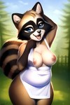 absurd_res anthro apron blue_eyes breasts brown_body brown_fur chikais clothing colorful digital_media_(artwork) exposed_breasts female fur happy hi_res looking_at_viewer mammal nipples novelai open_mouth outside procyonid raccoon solo watermark