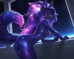 anthro arm_support black_claws black_nose black_sclera breasts butt claws cosmic_fur cosmic_hair ethereal_hair female hair leaning leaning_forward long_hair looking_at_viewer medium_breasts nipples nude solo space star unusual_eyes window sagrael canid canine fox mammal hi_res
