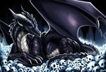 black_body black_wings blue_eyes bone cave claws detailed_scales evil_grin feral frill_(anatomy) head_crest head_frill hoard horn inside male scales skull smile smoke solo spines wing_claws wings loganth dragon attempted_signature detailed