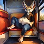 ambiguous_gender anthro bottomwear canid canine clothed clothing fennec ffox475 fox hi_res mammal overweight pants sitting solo