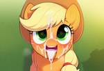 <3 <3_eyes after_fellatio after_oral after_sex animal_ears blonde_hair blush bodily_fluids clothing cum cum_in_hair cum_in_mouth cum_inside cum_on_face eyelashes female feral genital_fluids green_eyes hair hat headgear headwear looking_at_viewer open_mouth solo tongue tongue_out stressedout friendship_is_magic my_little_pony applejack_(mlp)