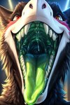 anthro black_body black_fur bodily_fluids dripping fur green_tongue highlights_(coloring) male mouth_shot open_mouth oral_vore orange_eyes red_highlights saliva saliva_drip saliva_string solo tongue vore white_body white_fur l649000 sergal hi_res