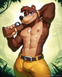 anthro armpit_hair bedroom_eyes blue_eyes bodily_fluids body_hair gun jungle looking_at_viewer male muscular narrowed_eyes nipples outside pants_only ranged_weapon rifle seductive solo standing sweat weapon av-10 banjo-kazooie banjo_(banjo-kazooie) mammal ursid hi_res