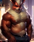 anthro big_muscles black_nose bottomwear bulge chest_tuft clothed clothing curiousoxide eeveelution eyebrows flareon fluffy fur generation_1_pokemon hair half-length_portrait hi_res inside looking_at_viewer male mammal midriff musclegut muscular muscular_anthro muscular_male naughty_face navel neck_tuft nipples orange_body orange_fur pants pecs pokemon_(species) portrait red_eyes seductive shirtless_anthro shirtless_male slightly_chubby smile solo topless tuft white_hair