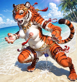 anthro bodily_fluids chain cum cum_drip dripping female fighting_pose genital_fluids lixiucun milk pose solo felid mammal pantherine tiger