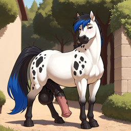 animal_genitalia animal_penis balls big_balls big_penis black_hair black_spots blue_highlights bodily_fluids dark_nose equine_penis feral fur genital_fluids genitals hair highlights_(coloring) hooves huge_balls huge_penis leaking_precum looking_at_viewer male multicolored_body multicolored_fur outside penis precum quadruped red_eyes solo spots spotted_body vein veiny_penis white_body white_fur gertgrg dante_(gertgrg) equid equine horse mammal hi_res