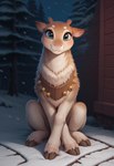 bell brown_body brown_fur cute_expression female feral floppy_ears fur hooves looking_at_viewer night outside sitting_on_ground smile snow solo danithoooxd cinnamon_(dankflank) capreoline cervid mammal reindeer hi_res