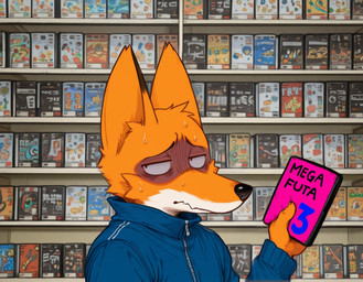 black_nose blue_clothing bodily_fluids book cheek_tuft clothed clothing embarrassed facial_tuft fur holding_object humor inside jacket library looking_aside male orange_body orange_fur parody shelf solo store sweat sweaty_face text topwear tuft white_body white_fur unknown_director canid canine fox mammal english_text meme photography_(artwork)