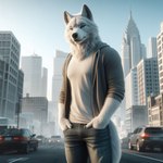 anthro bottomwear city city_background clothed clothing denim denim_clothing fur grumpy hand_in_pocket hands_in_both_pockets jacket jeans looking_at_viewer male pants pockets shirt solo street topwear white_body white_fur omgechounknown canid canine canis mammal wolf